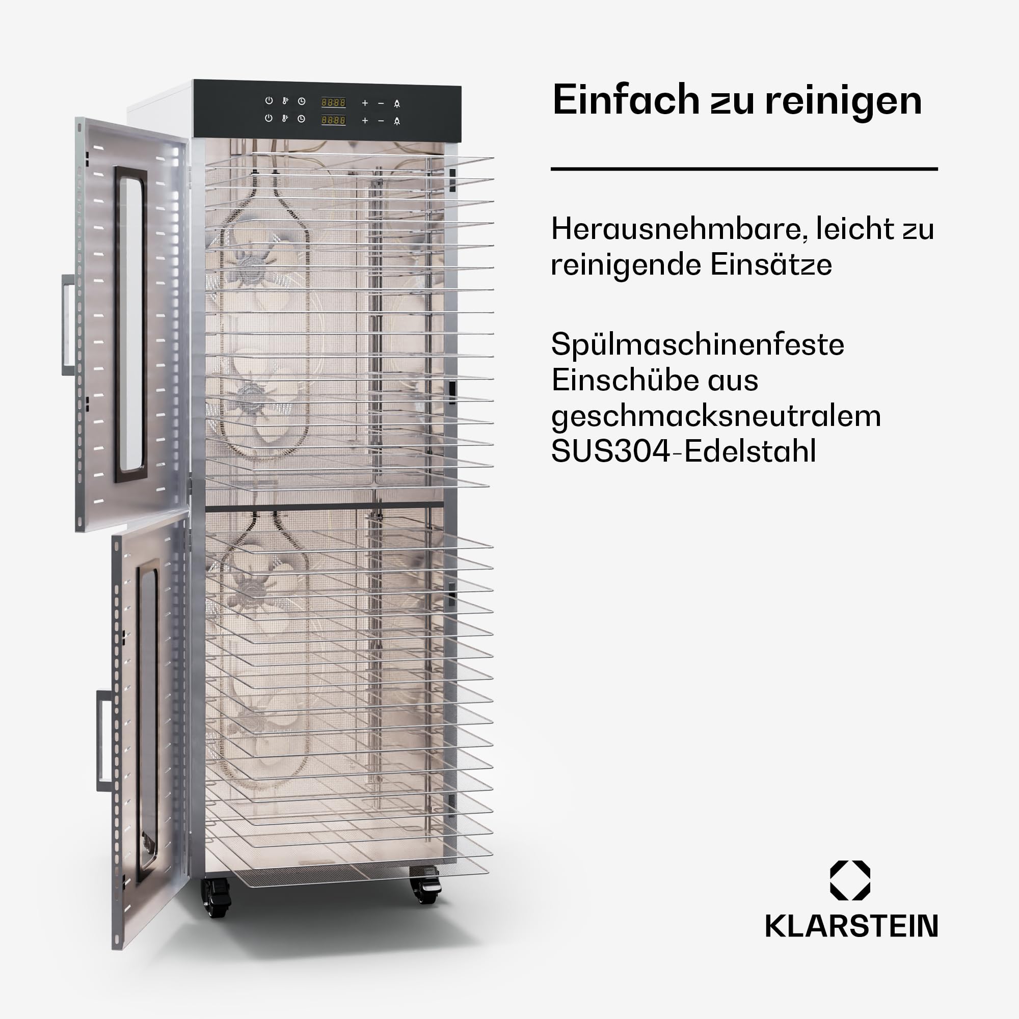 Klarstein Dörrautomat Edelstahl – 4.000-W-Dörrgerät, 48 Edelstahl-Einlegeböden, 30–90 °C, 24-Stunden-Timer, 6 Ventilatoren, 2 Trockenkammern, 50–55 dB, ideal für Obst, Gemüse, Fleisch, Kräuter, Silber