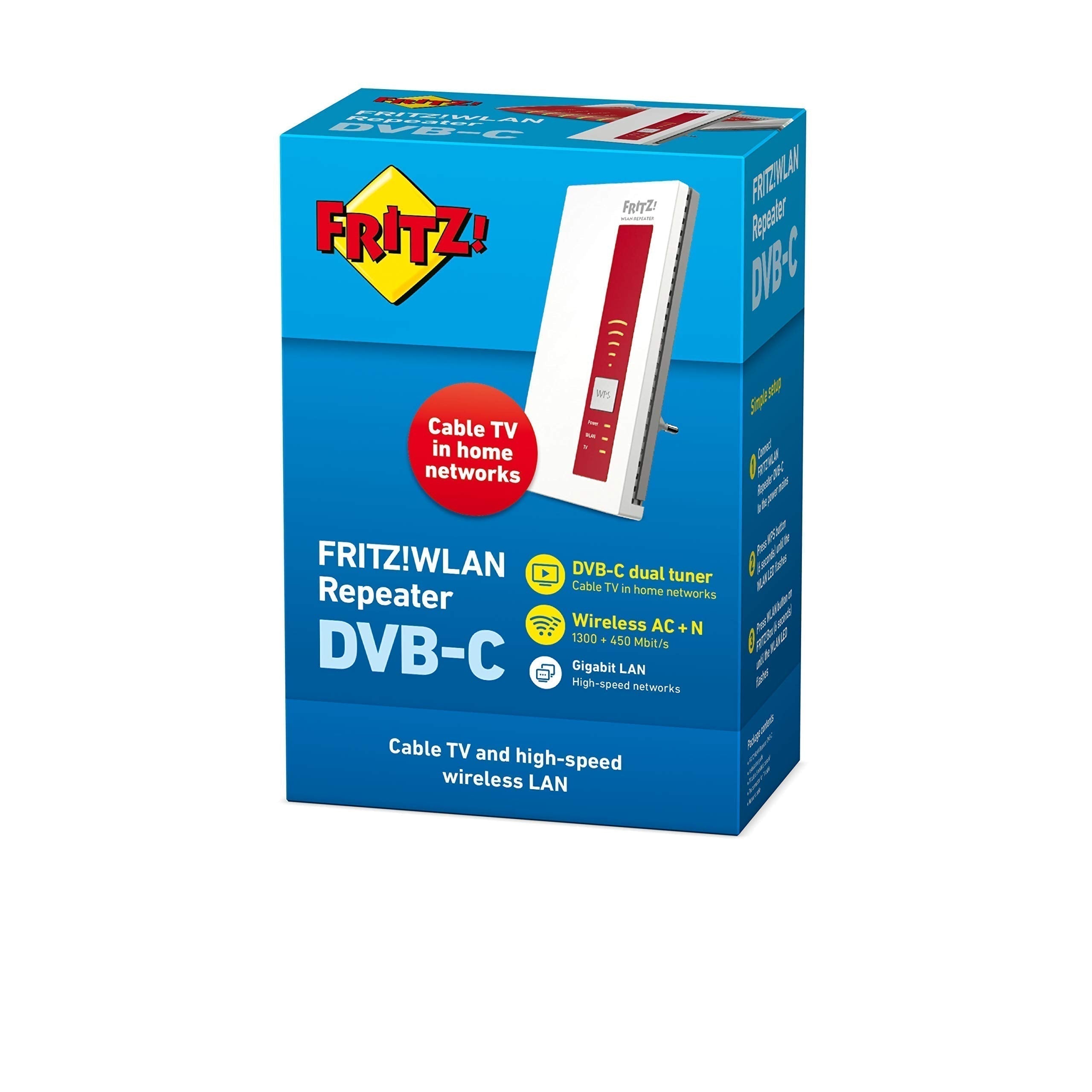 AVM FRITZ!WLAN Repeater DVB-C (Dual-Tuner für Kabel-TV (DVB-C), WLAN AC + N bis zu 1.300 MBit/s (5 GHz) + 450MBit/s (2,4 GHz)), weiß, deutschsprachige Version