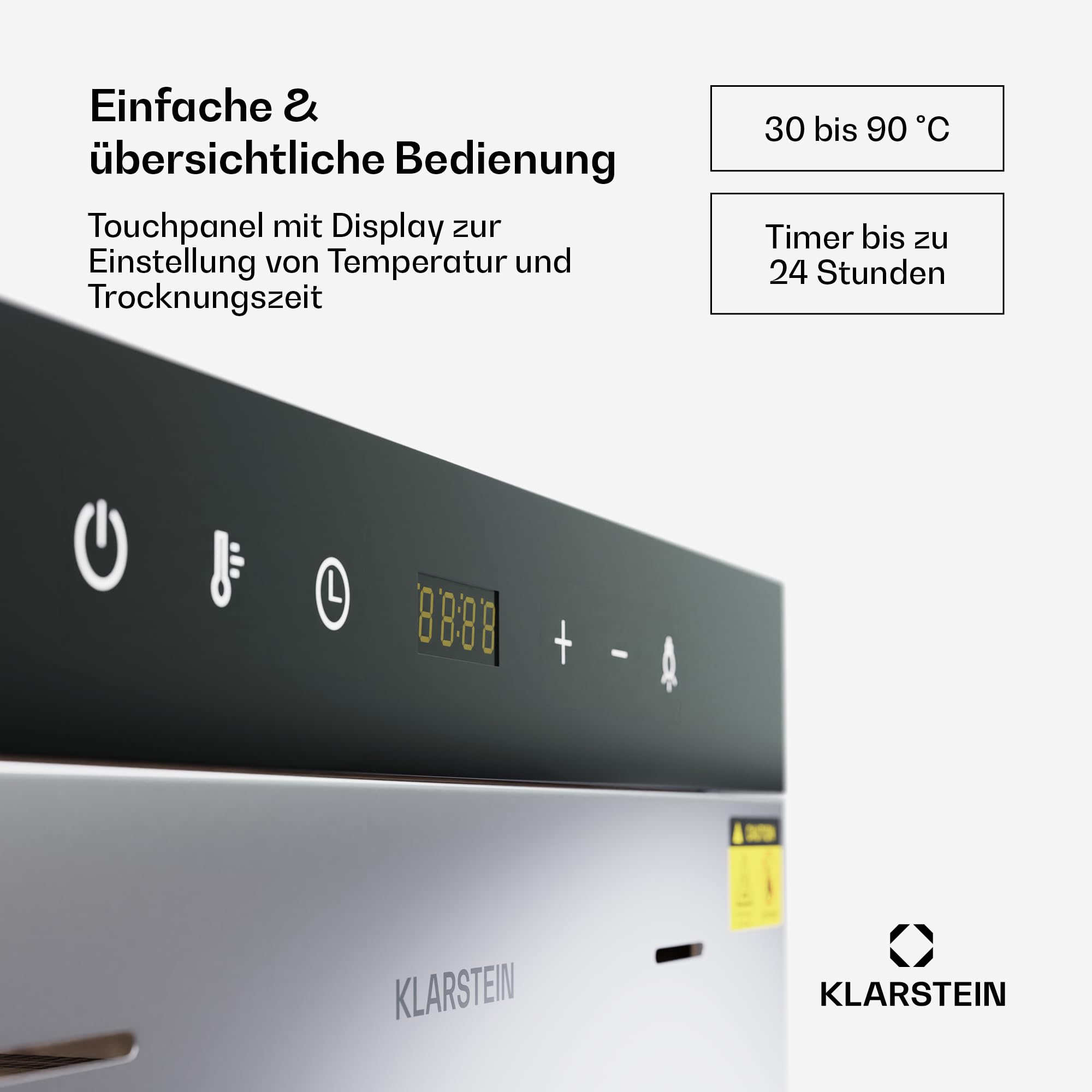 Klarstein Dörrautomat Edelstahl – 4.000-W-Dörrgerät, 48 Edelstahl-Einlegeböden, 30–90 °C, 24-Stunden-Timer, 6 Ventilatoren, 2 Trockenkammern, 50–55 dB, ideal für Obst, Gemüse, Fleisch, Kräuter, Silber