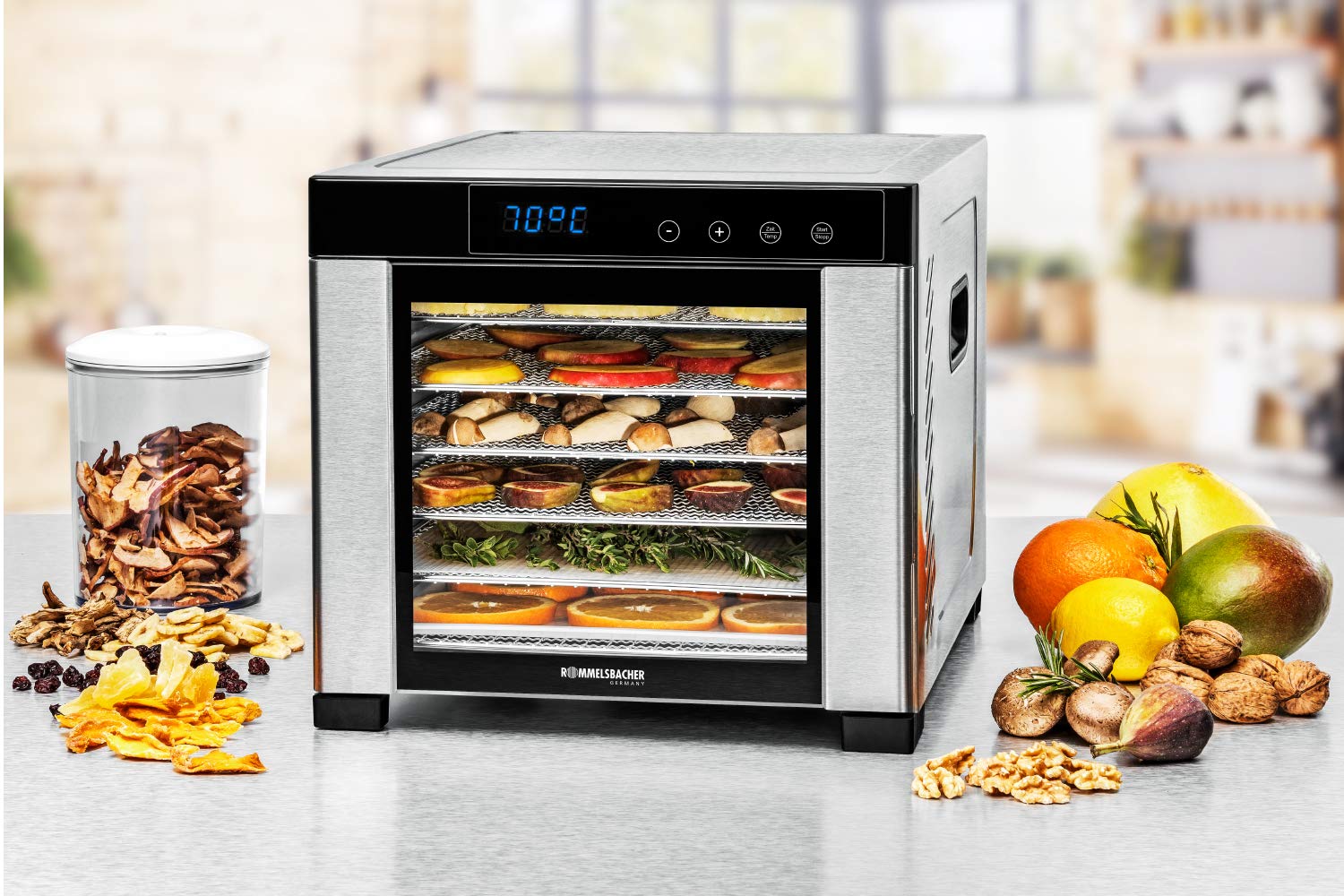 ROMMELSBACHER Dörrautomat DA 1000, XXL-Dörrfläche 1,6 m², inkl. 10 Edelstahl-Dörrtabletts, 2 Dörrgitter, 2 Dörrmatten, LED-Display, 24 Std. Zeitschaltuhr, Temperatur einstellbar (35 °C – 75 °C)