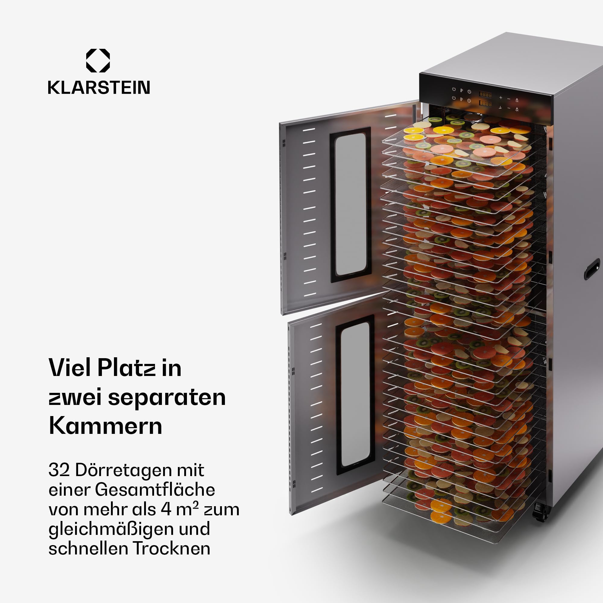 Klarstein Dörrautomat Edelstahl – 4.000-W-Dörrgerät, 48 Edelstahl-Einlegeböden, 30–90 °C, 24-Stunden-Timer, 6 Ventilatoren, 2 Trockenkammern, 50–55 dB, ideal für Obst, Gemüse, Fleisch, Kräuter, Silber